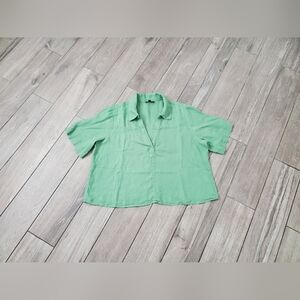 J.Crew women's 100% linen green collared short sleeve cropped pullover shirt XL